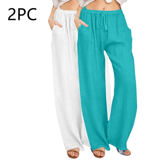 Wancir 2PC Womens Linen Wide Leg Pants Casual Loose Drawstring Low Waist Beach Palazzo Harem Pants with Pockets