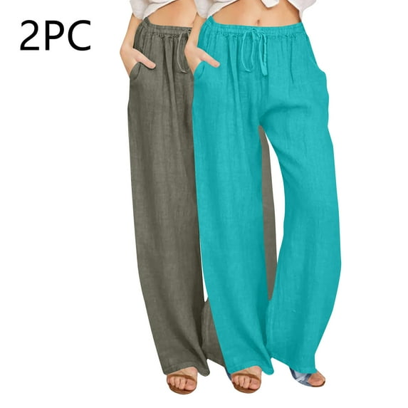 Wancir 2PC Womens Linen Wide Leg Pants Casual Loose Drawstring Low Waist Beach Palazzo Harem Pants with Pockets