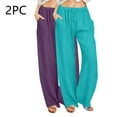 thumbnail image 1 of Wancir 2PC Womens Linen Wide Leg Pants Casual Loose Drawstring Low Waist Beach Palazzo Harem Pants with Pockets, 1 of 7