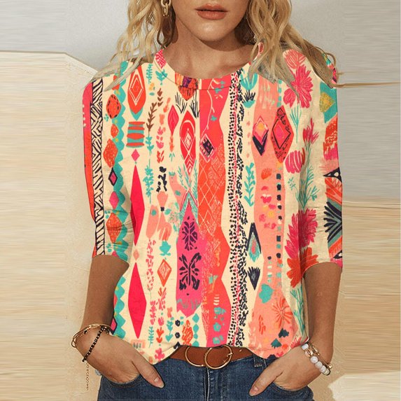 Wancir 3/4 Sleeve Shirts for Women 2024 Casual Tops for Women Summer Blouses Round Neck Print Pullover Trendy Loose T-Shirt Top