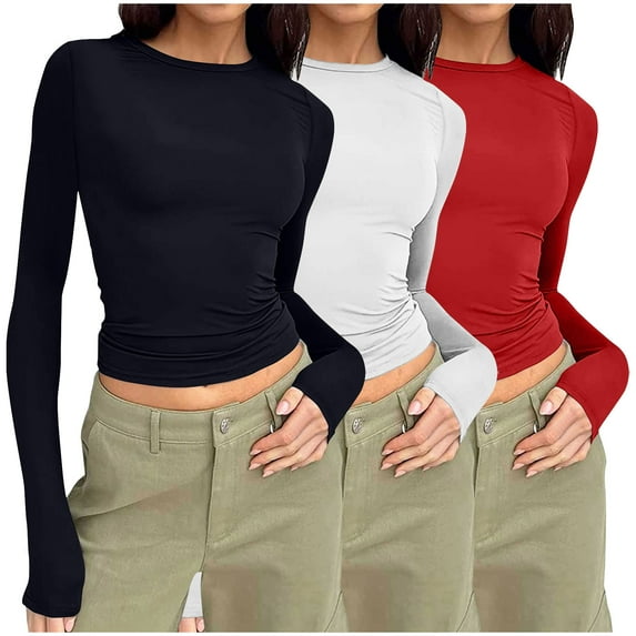 Wancir 3PC Crew Neck Long Sleeve T Shirts for Women Fitted Shirts Tight Neck T Shirts Basic Tee Tops