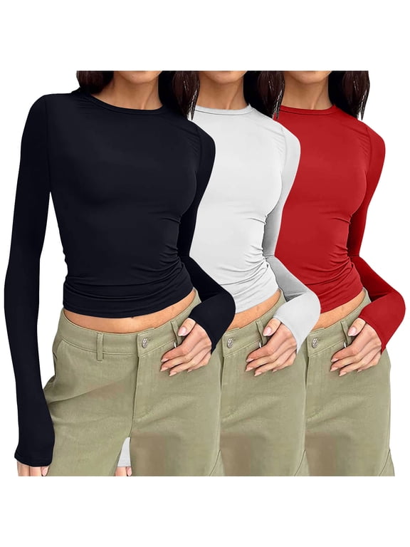 Wancir 3PC Crew Neck Long Sleeve T Shirts for Women Fitted Shirts Tight Neck T Shirts Basic Tee Tops
