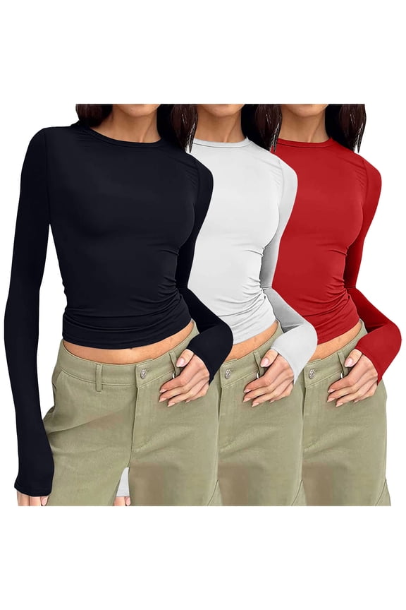 Wancir 3PC Crew Neck Long Sleeve T Shirts for Women Fitted Shirts Tight Neck T Shirts Basic Tee Tops