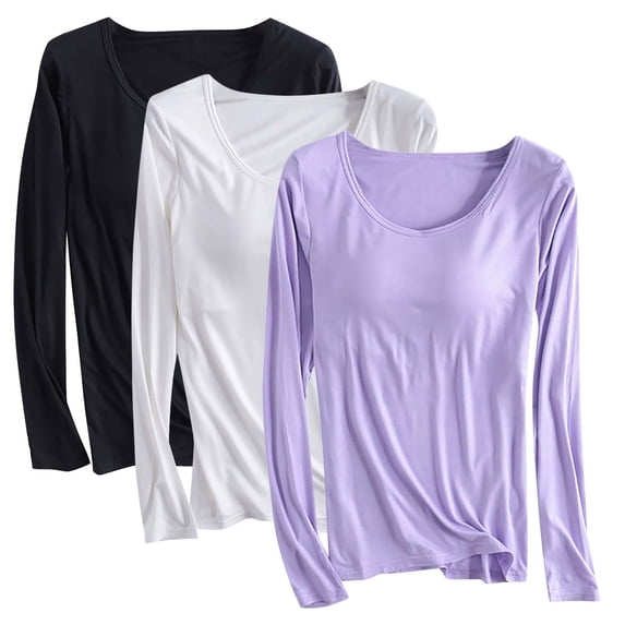 Wancir 3PC Womens Built-in Bra T-Shirt Padded Solid Color Long Sleeve Built in Bra Underwear Shirt Modal Sports Bra Workout Tops