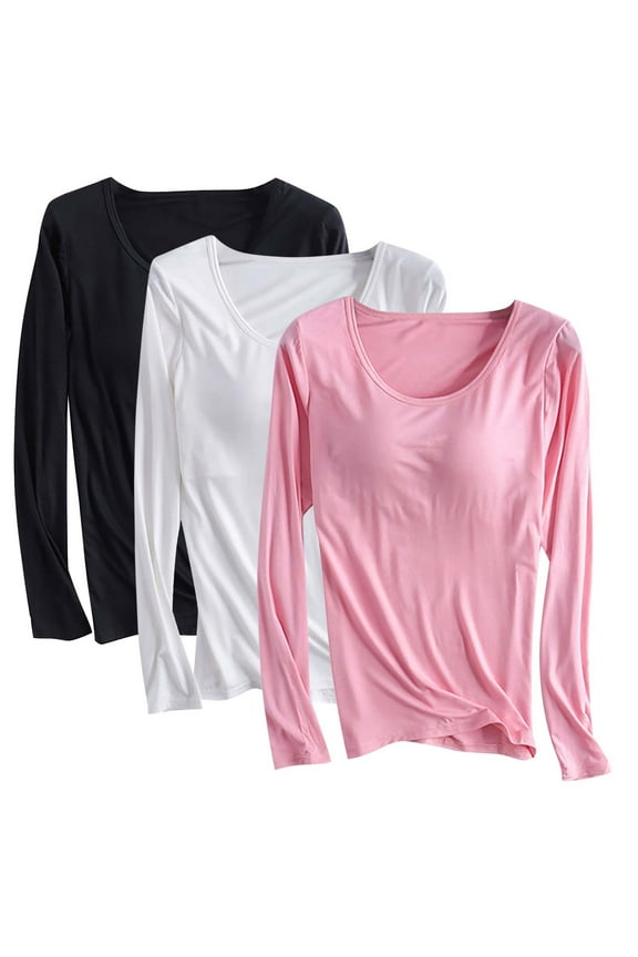 Wancir 3PC Womens Built-in Bra T-Shirt Padded Solid Color Long Sleeve Built in Bra Underwear Shirt Modal Sports Bra Workout Tops