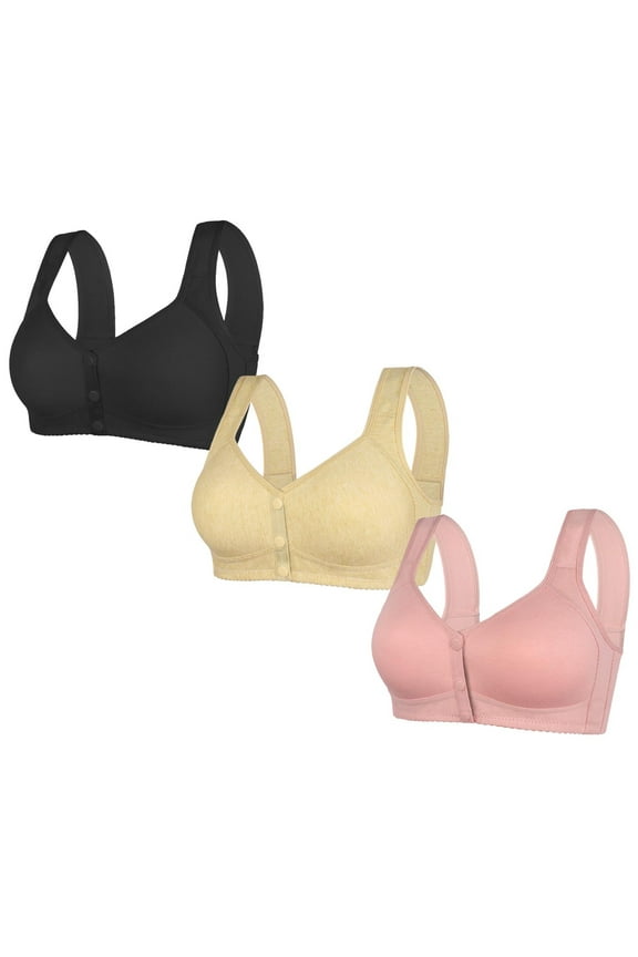 Wancir 3Pack Middle-Aged Elder Woman Floral Wirefree Bra Front Button Closeure Soft Cotton Bra for Mom Grandma Gift Bra