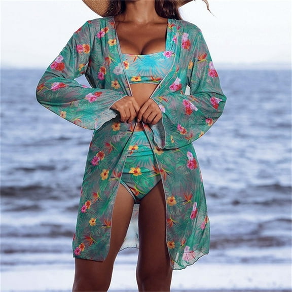 Wancir 3pcs Set Women Bikini with Cover Up Swimsuit Floral Print Bottom Knotted Front Top High Waisted Swimwear