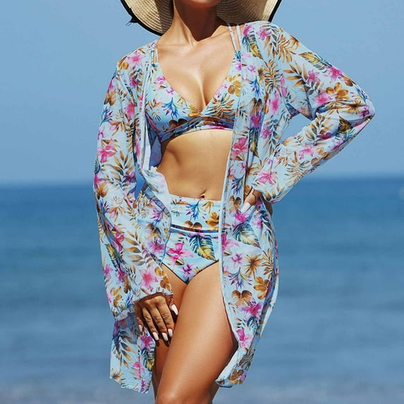 Wancir 3pcs Set Women Bikini with Cover Up Swimsuit Floral Print Bottom Knotted Front Top High Waisted Swimwear