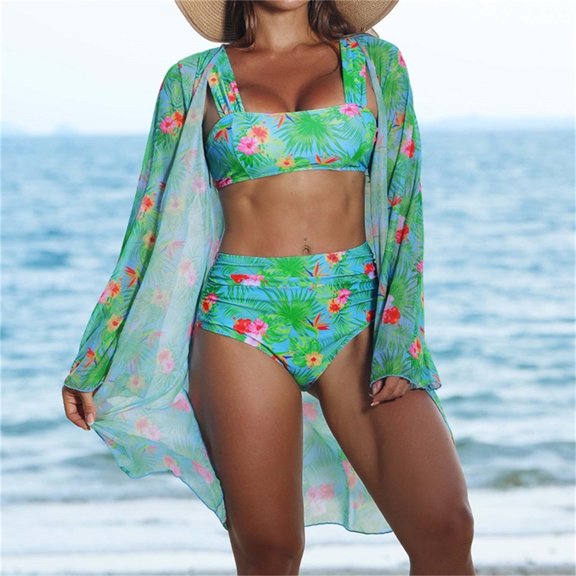 Wancir 3pcs Set Women Bikini with Cover Up Swimsuit Floral Print Bottom Knotted Front Top High Waisted Swimwear