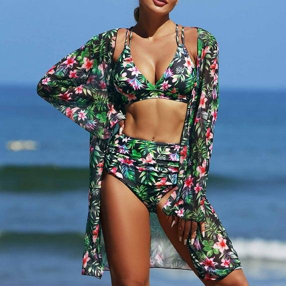 Wancir 3pcs Set Women Bikini with Cover Up Swimsuit Floral Print Bottom Knotted Front Top High Waisted Swimwear