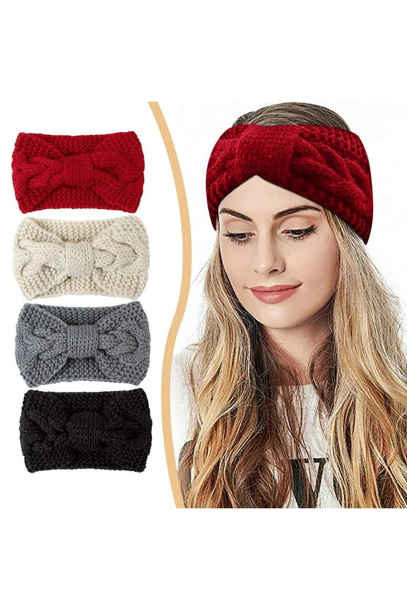4 Pack Winter Knit Headbands Twist Cable Head Wraps Fuzzy Lined Headband Knotted Crochet Turban Thick Ear Warmer Elastic Hair Band Accessories for Girls Women