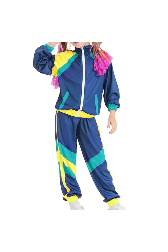 Wancir 80s Tracksuit Kids Vintage Hip Hop Costume Colorblock Windbreaker Set 2 Piece Sports Wear