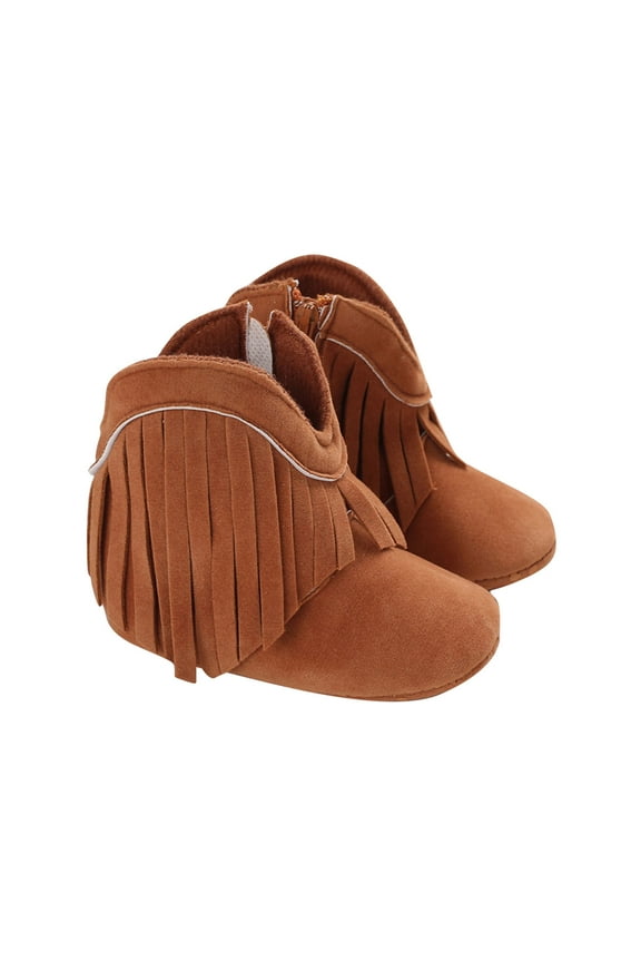 Wancir Baby Girl Cowboy Tassel Boots Side Zipper Non Slip Stay On Booties Infant Toddler First Walker Warm Winter Crib Shoes 12-36 Months