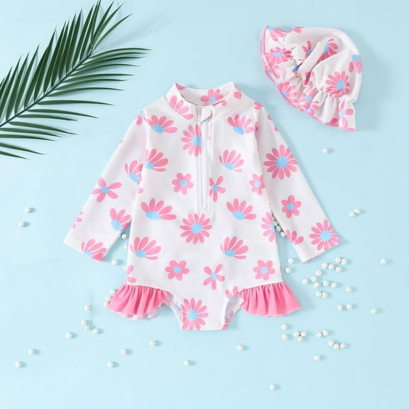 Wancir Baby Girls One Piece Swimsuit Zip Rash Guard with Hat Set Swimwear Ruffled Cute Newborn Baby Girl Bathing Suit