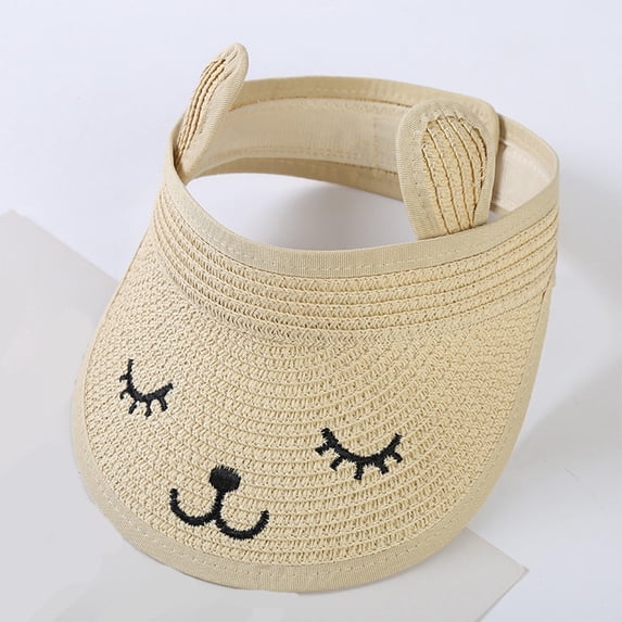 Wancir Baby Roll-up Straw Visor Hat Sun Hat, Kid Toddler Wide Brim Cute Bunny Ponytail Summer Beach Sun Hat Adjustable for 2-6 Years