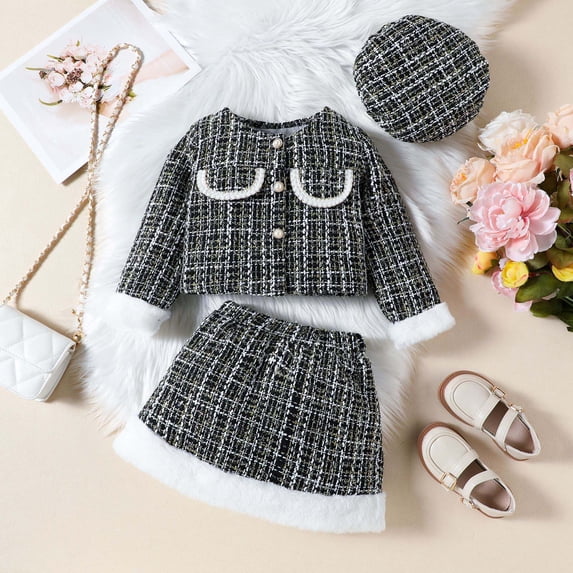 Wancir Baby Toddler Girls 3 Piece Outfits Button Front Long Sleeve Tweed Cotton Rim Jacket and Pink Elastic Short Set