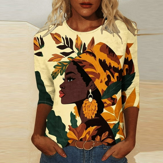 Wancir Black History 3/4 Sleeve T-Shirts for Women African Shirts Crew Neck Black History Month 3/4 Sleeve 2024 Blouses Top