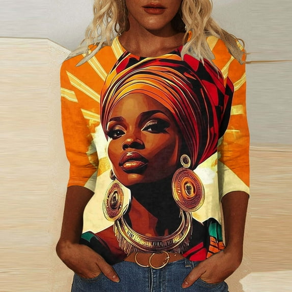 Wancir Black History 3/4 Sleeve T-Shirts for Women African Shirts Crew Neck Black History Month 3/4 Sleeve 2024 Blouses Top