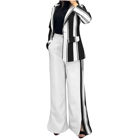Wancir Blazer Sets Women 2 Piece Outfits Striped Long Sleeve Collar Button Down Shirt Blouse and High Waist Wide Leg Pants Sets