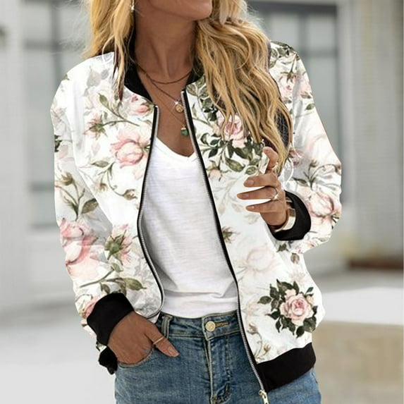 Wancir Bomber Jacket Women 2024 Causal Floral Zip Up Coats Long Sleeve Stand Collar Fall Jackets Lightweight Outerwear Tops