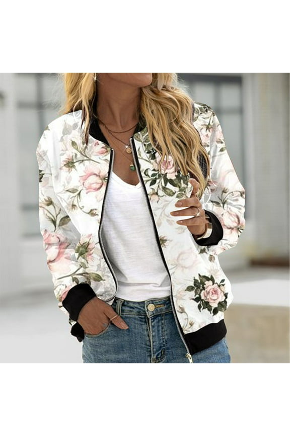 Wancir Bomber Jacket Women 2024 Causal Floral Zip Up Coats Long Sleeve Stand Collar Fall Jackets Lightweight Outerwear Tops
