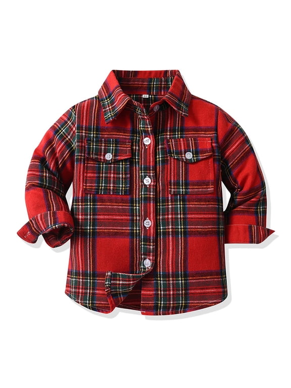 Wancir Boys Girls Flannel Plaid Shirt Jacket Long Sleeve Lapel Button Down Pocketed Shirts Regular Fit Casual Fall Coat
