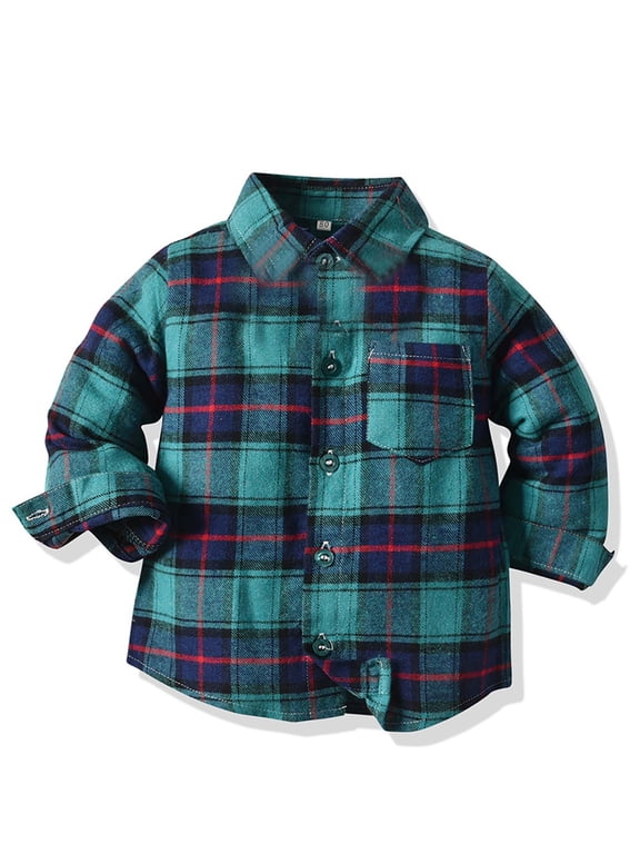 Wancir Boys Girls Flannel Plaid Shirt Jacket Long Sleeve Lapel Button Down Pocketed Shirts Regular Fit Casual Fall Coat