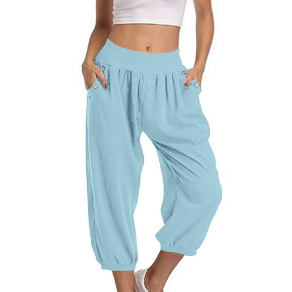 Wancir Capri Pants for Women Casual 2024 Summer Drawstring Elastic High Waist Linen Pants Wide Leg Plus Size Lounge Capris