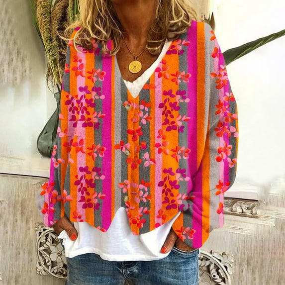 Wancir Cardigan Sweaters for Women Graphic Print V Neck Button Down Oversized Cardigans 2024 Loose Knit Outwear