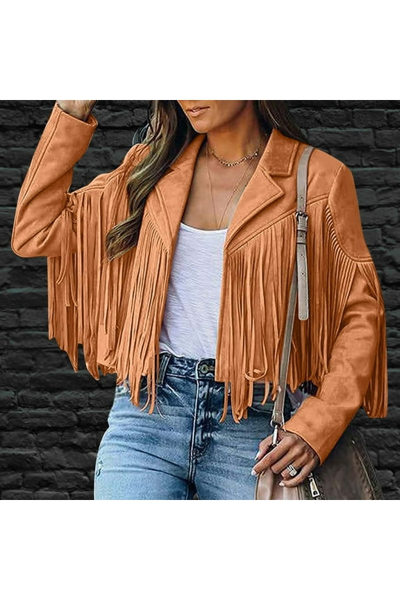 Wancir Casual Jacket Women Motorcycle Jacket Fringe Cropped Jacket Utility Tassel Suede Moto Jacket