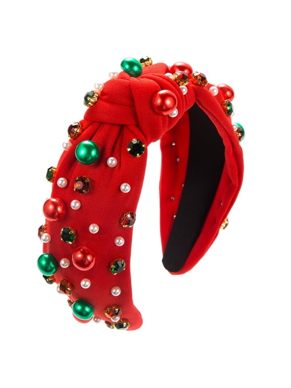 Wancir Christmas Headband for Women Beaded Christmas Tree Knotted Headband Red Green Jeweled Crystal Xmas Hairband Headwear Christmas Decorations Hair Accessories Gifts