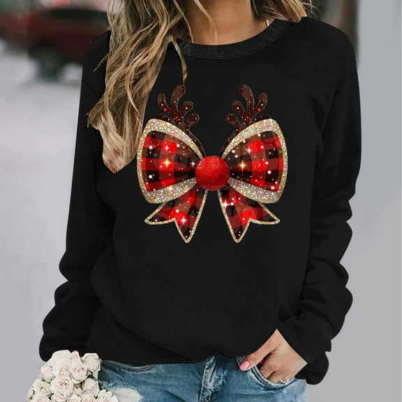 Wancir Christmas Sweatshirt Women Xmas Bow Graphic Sweatshirts Round Neck Long Sleeve Pullover Tops Vacation Loose Blouses