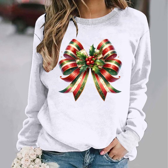 Wancir Christmas Sweatshirt Women Xmas Bow Graphic Sweatshirts Round Neck Long Sleeve Pullover Tops Vacation Loose Blouses