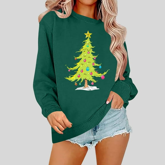 Wancir Christmas Sweatshirts Women Funny Xmas Trees Graphic Long Sleeve Crewneck Shirt Winter Tops Loose Casual Pullover
