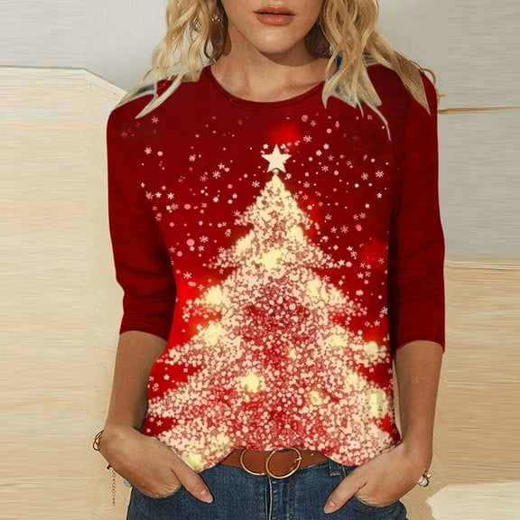 Wancir Christmas Tops for Women 2024 Merry Christmas Long Sleeve Shirts Xmas Tree Print 3/4 Length Sleeve Womens Blouses