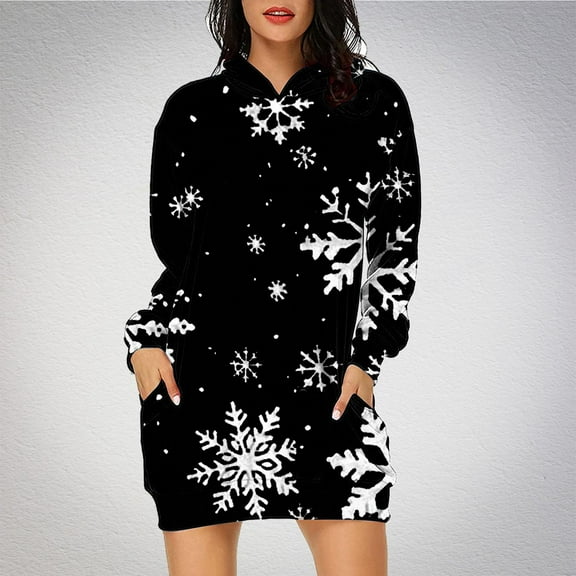 Wancir Christmas Women's Hooded Sweatshirt Drawstring Lightweight Long Sleeve Pullover Hoodie Dress