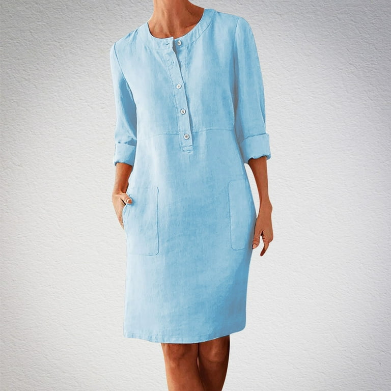 Solid Color Round Neck Pocket Long Sleeve Dress Solid Color Round Neck Pocket Long Sleeve Dress