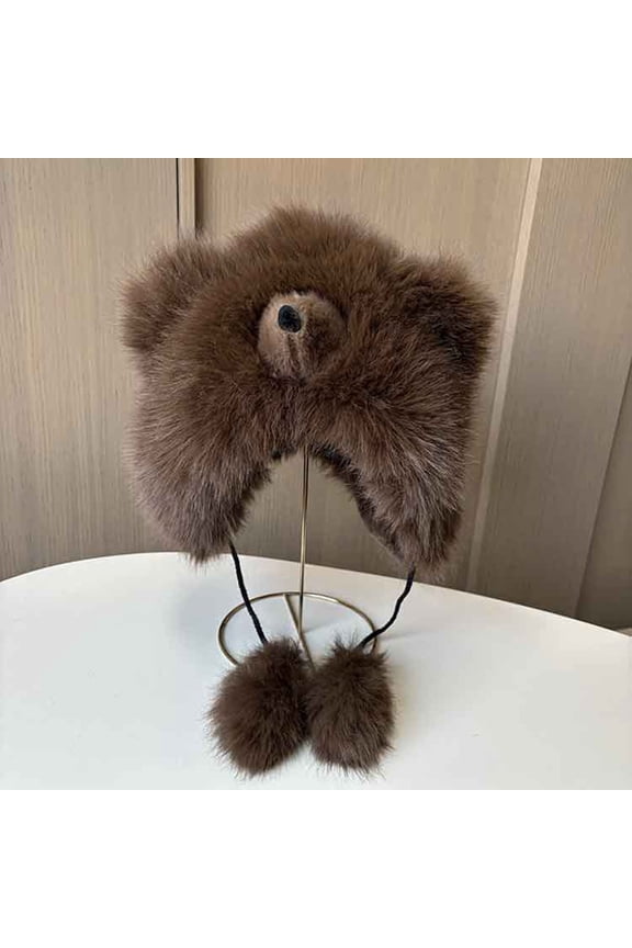Wancir Cute Faux Fur Bear Ear Warm Hat with Earflaps Furry Animal Cap Winter Beanie Hat Windproof Cap Hat for Women Girls