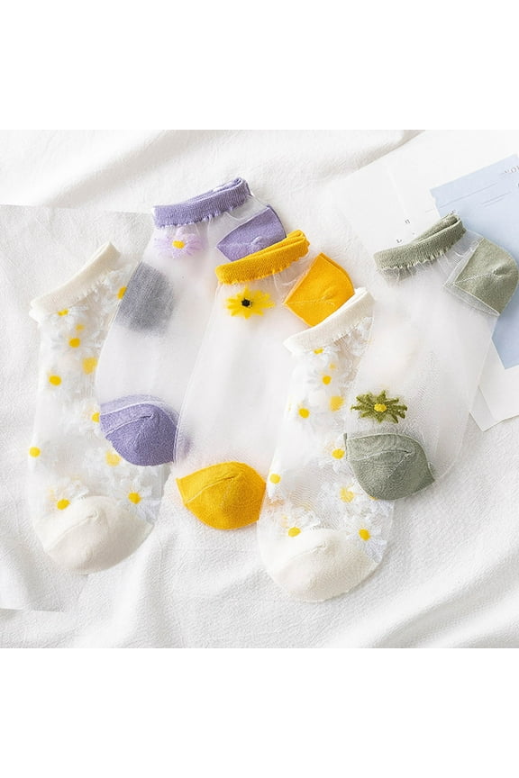 Wancir Daisy Socks Lace Sheer High Ankle Socks 5 Pairs Women Transparent Cute Preppy Floral Knit Cotton Sole Dress Sock