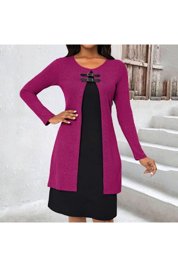 Wancir Fall Spring Women Dress Two-Piece Long Sleeve A-line Loose Knitted Knee Length