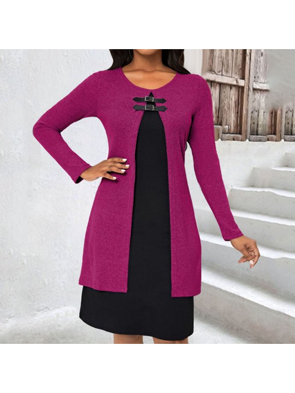 Wancir Fall Spring Women Dress Two-Piece Long Sleeve A-line Loose Knitted Knee Length