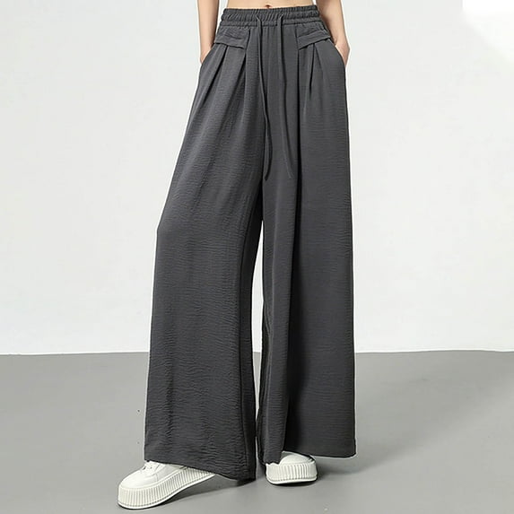 Wancir Fashion Womens Casual Solid Color Elastic Loose Pants Straight Wide Leg Trousers With Pocket