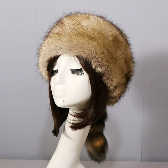 Wancir Faux Fur Raccoon Tail Hat for Women Men, Faux Coonskin Cap with Tail Flat Top Winter Hat