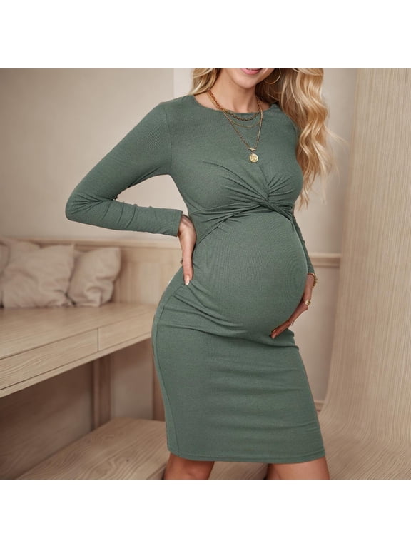 Wancir Floral Mesh Bishop Long Sleeve Maternity Midi Dress, Fall Maternity Bodycon Dress for Baby Shower/Photoshoot