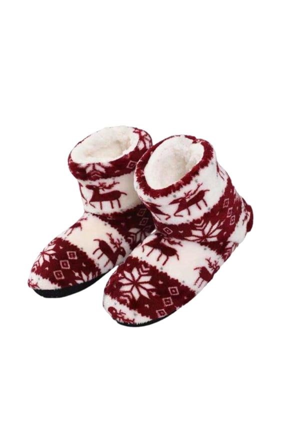 Wancir Fluffy Christmas Deer Slipper Plush Boots Ladies Indoor Outdoor Ankle Bootie Thermal Warm Shoes for Girls Women Fleece Thicken Cotton Slippers Anti-Slip Sole Winter Booties Cosy Home