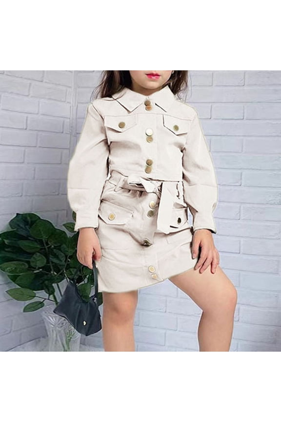 Wancir Girl's 2 Piece Outfits Button Front Long Sleeve Tweed Jacket and Skirt Set