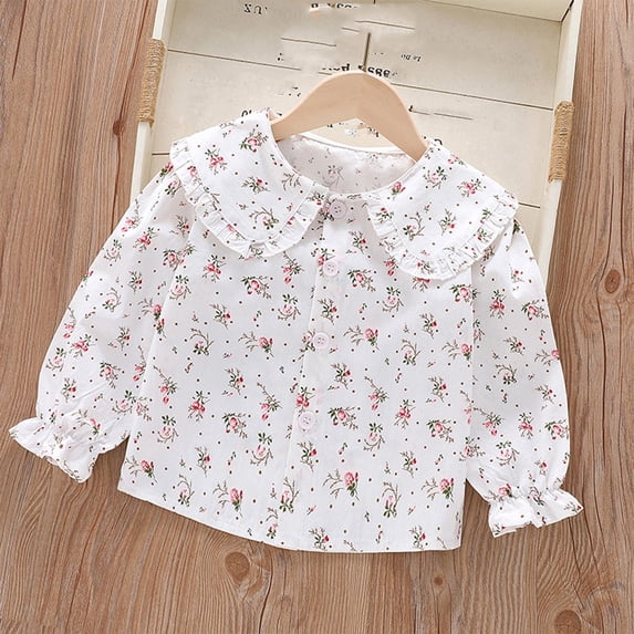 Wancir Girls Blouse Shirts Spring Fall Long Sleeve White Button-Down Ruffle Collar Breton Stripe