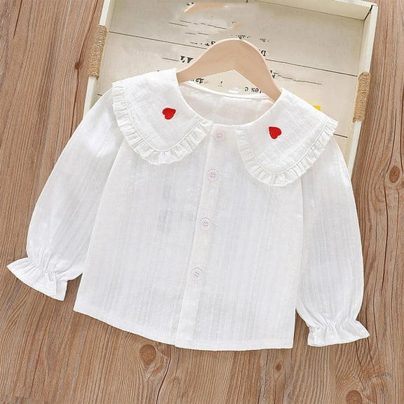 Wancir Girls Blouse Shirts Spring Fall Long Sleeve White Button-Down Ruffle Collar Breton Stripe