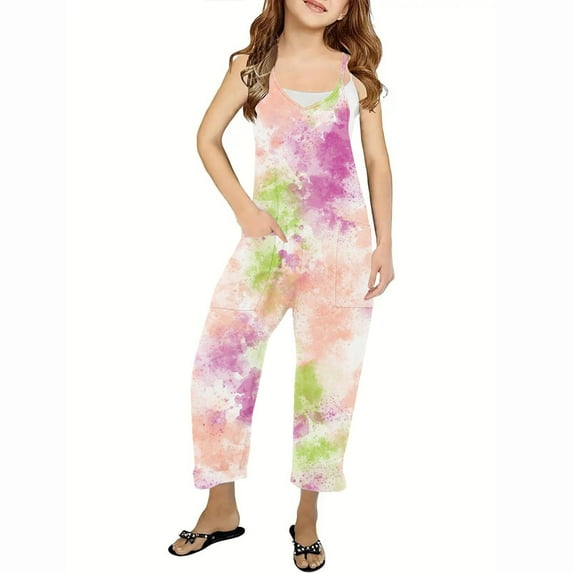 Wancir Girls' Casual Sleeveless Jumpsuits Spaghetti Strap Loose Romper Long Pants with Pockets
