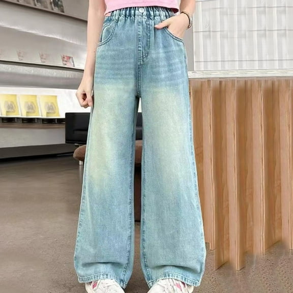 Wancir Girls High Waisted Straight Leg Jeans Denim Long Pants with Pocket 5-14 Years